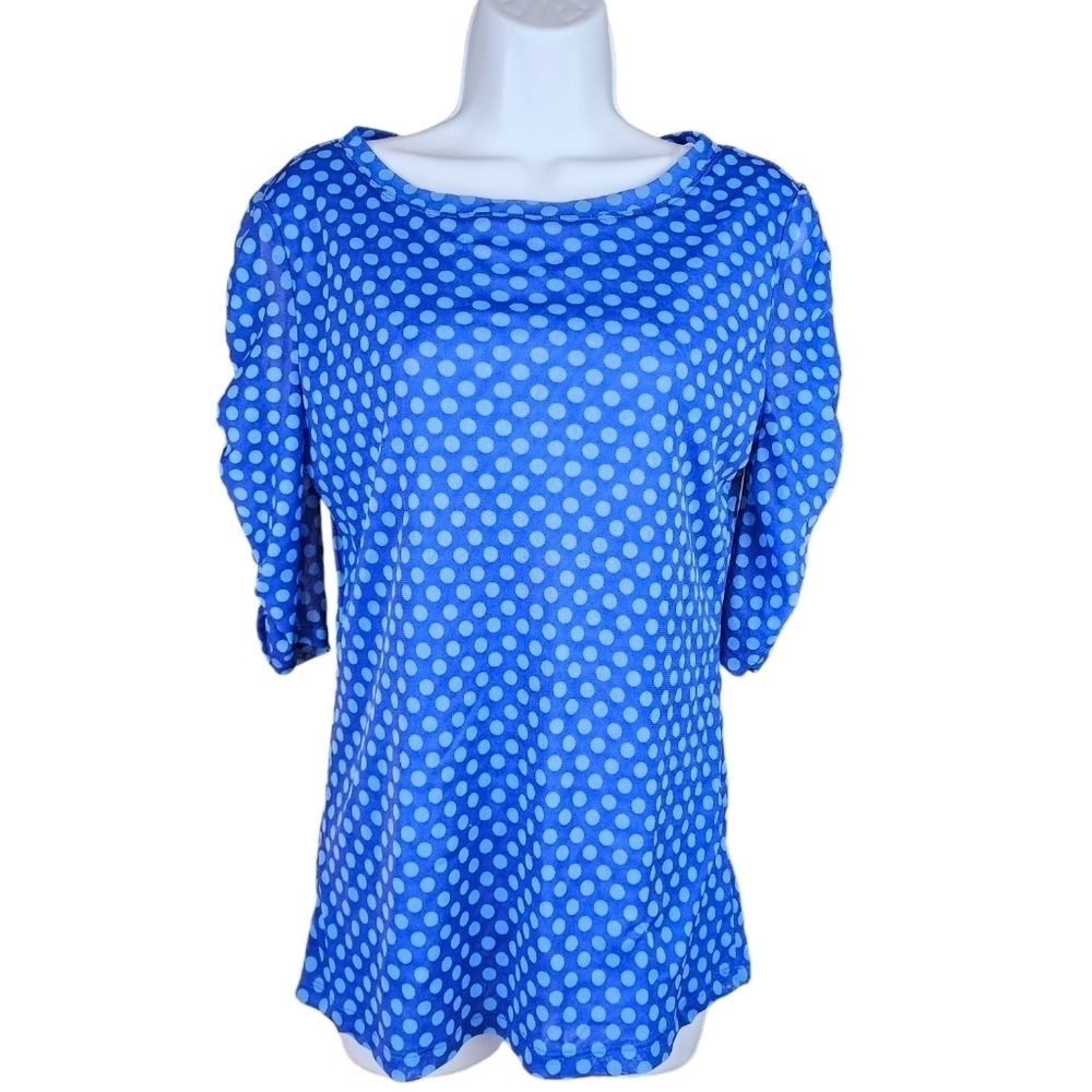 Investments Blue White Polka Dot Ruched Half Sleeve Sheer Blouse Top Size Medium